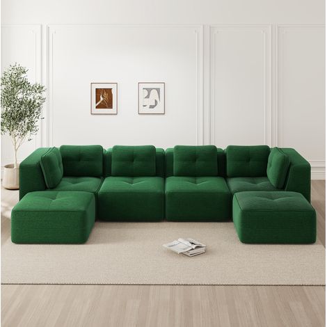 Sofá rinconero modular en U con otomana, sin montaje, en terciopelo de canalé verde DESVIAE (1/5)
