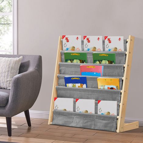 Skecten – Étagère de lecture pour enfants – Bibliothèque 6 couches en bois de pin massif et lin – Dimensions 75 x 30 x 76 cm – Tissu amovible pour nettoyage facile (1/5)