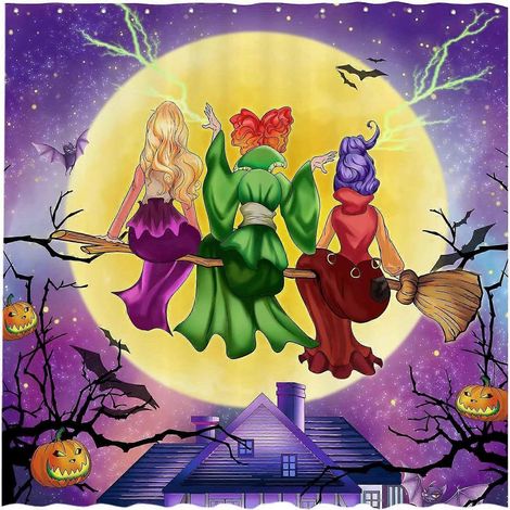 rideau de douche 72 x 72 cm, motif sorcières d'Halloween, décoration automnale au clair de lune pour la maison et la salle de bain. Facile d'entretien, lavable et résistant. (1/4)