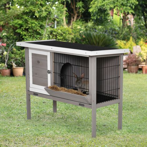 Cage Surélevée Extérieure Lapins Cochons Inde Petits Animaux Toit Asphalte Distributeur Pliable Plateaux Amovibles Bois Gris 91x46x71cm