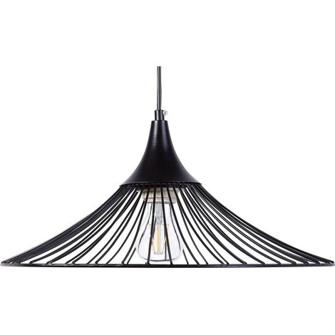 Lampadario in Metallo Nero Paralume a Imbuto con Griglia Cavo Nero Giona (1/5)
