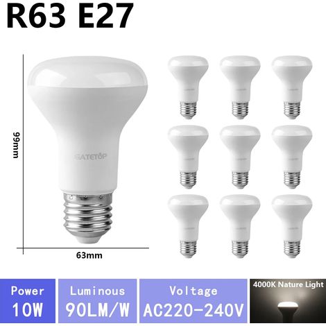 (R63 4000K, AC220V-240V) 10 ampoules LED haute luminosité, adaptées à l'éclairage de salle de bain, sans scintillement, pour une utilisation domestique. (1/4)