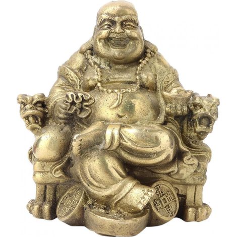 Statuette Bouddha Rieur, Laiton Maitreya, Bouddha Rieur Assis sur des pièces d'argent Porte-Bonheur Portant Un Lingot d'or pour Le Feng Shui Bonne Chance et Bonheur pour Salon, Bureau Décoration (1/5)