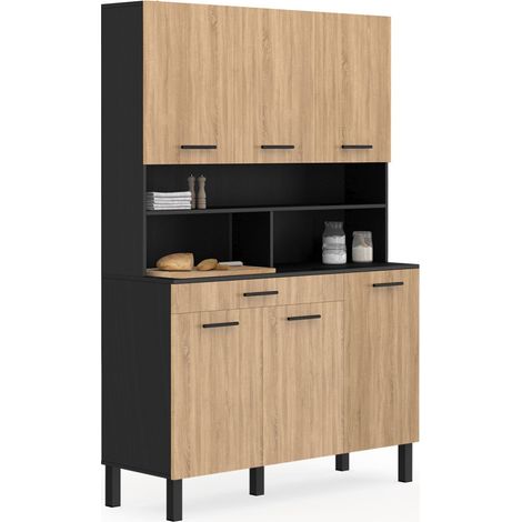 Idmarket – Buffet de cuisine 120 cm – 6 portes et tiroir noir – Structure en panneaux de particules mélaminés – Hauteur 177 cm, largeur 40 cm