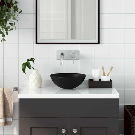 Lavabo de salle de bain rond en céramique noir mat – Vasque à poser Ø28 cm H10 cm sans trop-plein (1/5)