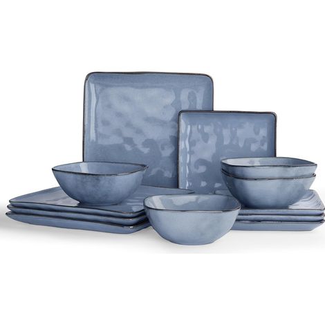 Service de table en faïence pour 4 personnes, 12 pièces, set d'assiettes carrées, service combiné avec vernis réactif, service de table résistant aux rayures, Bleu (1/5)