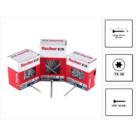 Fischer 50x Power-Fast II FPF II PTP 6 x 80 mm BC an Head avec étoile interne TX filetage partiel électrozingué bleu passivé - 670534 (1/5)