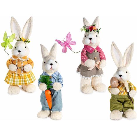 Coniglietti pasquali in fibra naturale con farfalla, ovetto e carota, set da 4 pezzi, cm14x14x40H (orecc.estese)