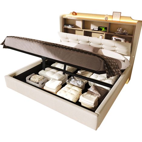 Lit coffre 140 x 200 cm en tissu beige, LED multicolore, ports USB et Type-C, rangements hydrauliques et tête de lit relevable, design flottant - CHICFURN (1/5)