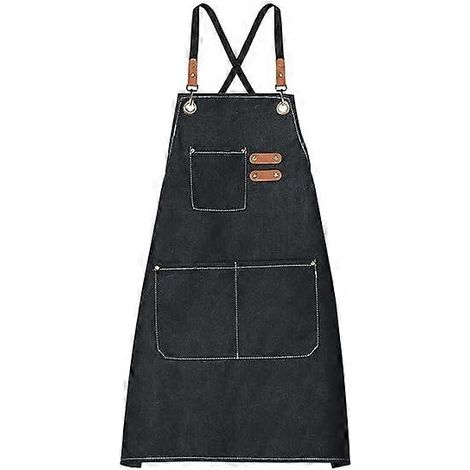 Tablier de chef en toile noire, bretelles réglables, dos croisé, 3 poches (1/5)