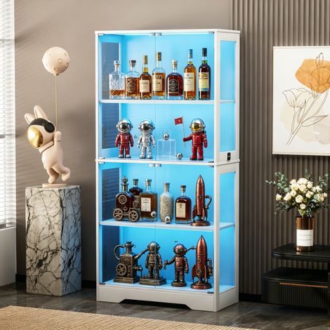 JOOKGBD-Vitrine mit LED Beleuchtung und Glastüren,Glasvitrine,Sammlervitrine, Vitrinenschrank mit Intelligente Sensorik, 4-Lagen Glasvitrine Staubdicht für Wohnzimmer Schlafzimmer Büro,Weiß