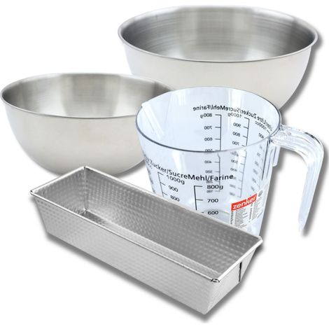 Set pâtisserie avec moule à cake acier 25 cm, 2 bols à mixer, verre mesureur et spatule Zenker (1/5)