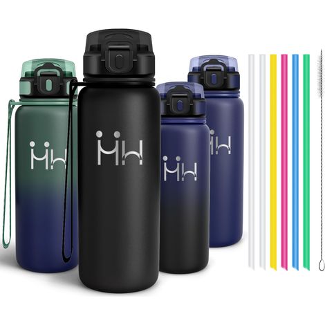 Gourde Inox 750ml, Bouteille Isotherme avec six Pailles et 1 Brosse à épong, Conservation du Chaud et du Froid, sans BPA, Réutilisable, Bouteille - Noir pur (1/5)