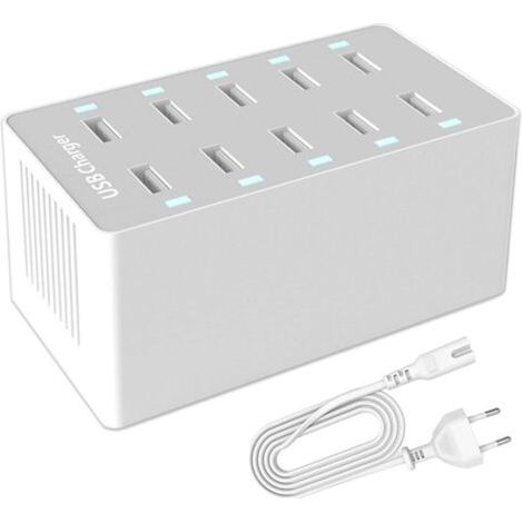 Station de Charge USB, hub Chargeur USB de 50 W à 10 Ports, Chargeur USB multiport avec Smart Detect, Compatible avec iPhone, Galaxy, Tablette iPad et Autres appareils de Charge USB