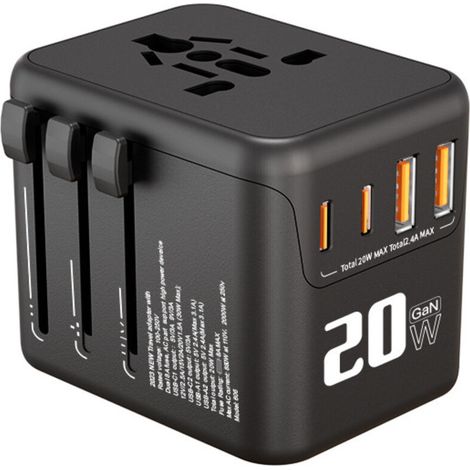 Universal-Steckeradapter mit 2 USB-C- und 2 USB-A-Anschlüssen, internationaler Steckeradapter für Europa, USA, Großbritannien, Australien, China, Japan und Thailand