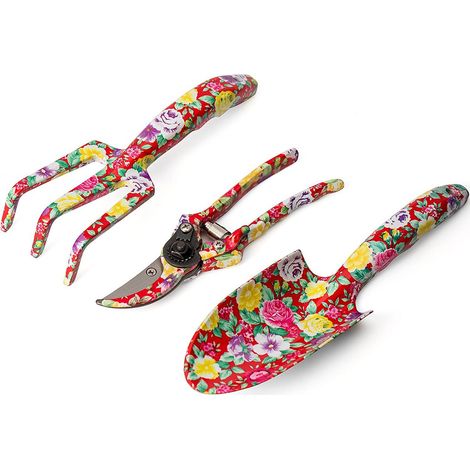 (Red)3 Piece Aluminum Gardening Tools Set with Purple Print - Trowel, Transplanter, Pruner (1/5)