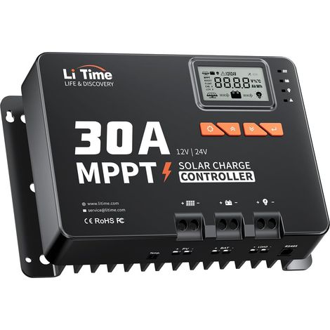 Régulateur de charge solaire 30 A MPPT 12 V/24 V pour voiture DC avec adaptateur Bluetooth, paramètre écran LCD réglable, affichage LED, panneau solaire pour batterie au lithium (1/5)