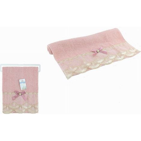 Cleafe - Asciugamano Da Bagno Viso In Cotone Morbido Decorato 48 X 93 Cm 180gr Rosa 79506 - (1/2)