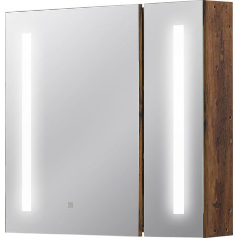 kleankin Specchio Bagno con Armadietto 2 Ante e Luci LED Regolabili Marrone
