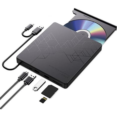 Lecteur optique externe multifonctionnel pour ordinateurs portables et de bureau, graveur CD/DVD externe 5 en 1, noir. (1/3)