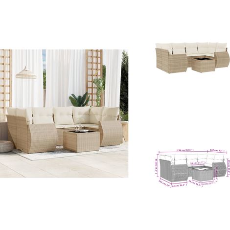 7-tlg. Garten-Sofagarnitur mit Kissen Beige Poly Rattan - Gartenmöbel - Outdoor Möbel - Rattan Gartenset - Lounge Set - Esstischgarnitur (1/3)