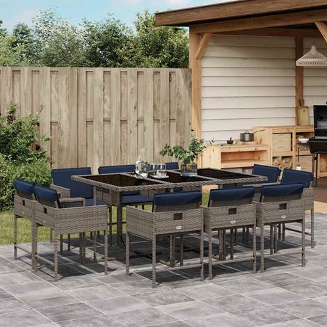 Ensemble repas de jardin 11 pièces en résine tressée gris, coussins bleu marine, table en verre - PANGIVO (1/5)