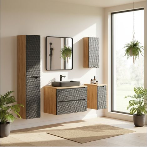 Badezimmer-Set YOKA schwarz: Unterschrank + Waschtischplatte + Aufsatzwaschbecken + 2 Schränke und 1 Regalsäule