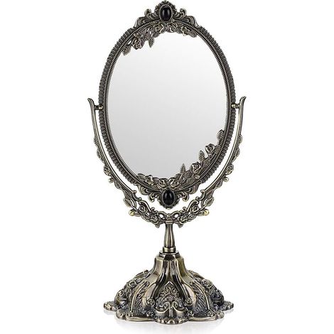 1 miroir ovale double-face, métal bronze, relief floral, rotation 360°, base velours, pour coiffeuse