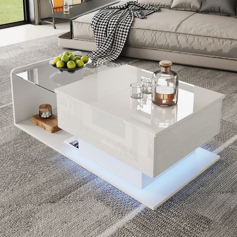 Mesa de centro 100x50x33/47.5 cm blanca en aglomerado con vidrio templado, altura regulable, LED y almacenaje (1/5)