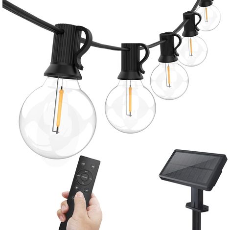 Ruban lumineux solaire 8,2 m, 25 LED G40 incassables, télécommande incluse, éclairage extérieur pour terrasse, jardin et parasol, guirlande décorative étanche. (1/5)