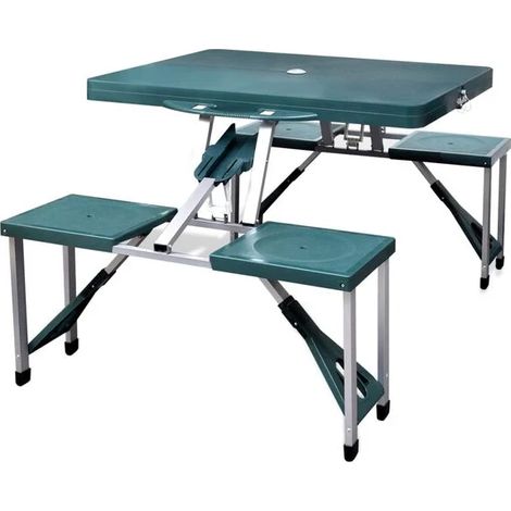Ensemble table et chaises de camping pliantes, comprenant 4 tabourets en aluminium.