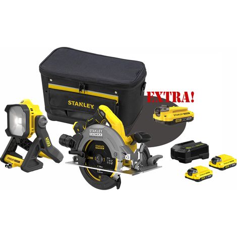 Kit Sega circolare a batteria 18V Brushless V20 SFMCS550B + Lampada LED da cantiere 18V V20 SFMCL030B + Set energia + EXTRA OMAGGI FATMAXB. STANLEYB.