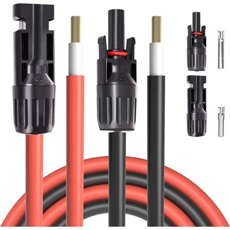 ALLIANDISCable d'extension solaire connecteur male et femelle vers fil nu 10AWG 20 pieds rouge + noir avec 1 paire de connecteurs de panneau solaire gratuits (1/5)