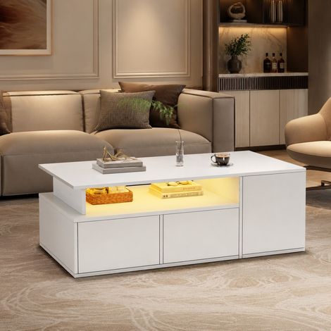 Mesa de centro LED 100 x 50 x 35 cm con 2 cajones, blanca, efecto brillo DESVIAE (1/5)