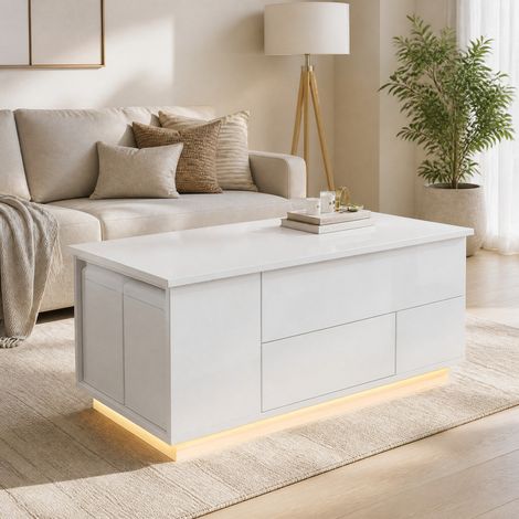 Höhenverstellbarer Couchtisch mit LED, 100 x 50 x 45 cm, 2 Schubladen, 2 Hocker, weiß HAVRYA (1/5)
