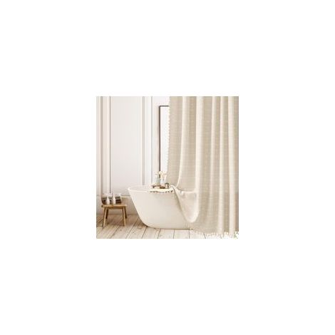 Rideau de Douche Bohème à Carreaux 90x180 cm Lin et Polyester, Pompons Décoratifs, 12 Crochets Offerts (1/5)
