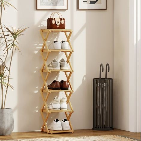Estantería zapatero plegable de bambú, 6 niveles, hasta 9 pares, 30 x 29 x 108 cm, natural (1/5)