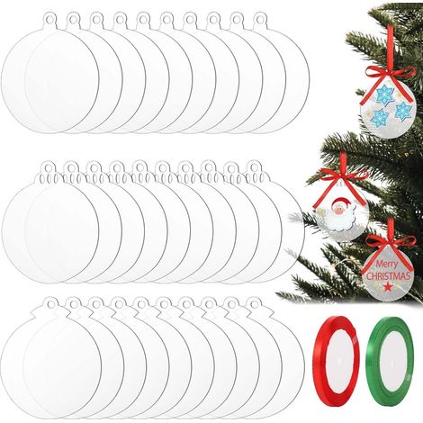 30 pcs Boules de Noël Rondes Feuille Acrylique Transparent avec Ruban, Boules Plates pour travaux manuels, Noël disques Acrylique Transparent pour décoration de fête d'arbre (7,5 cm)