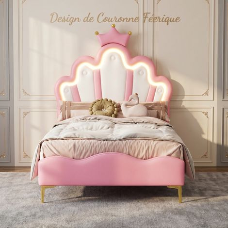 Superaly Lit Double Rembourré 140x190 cm, Lit Enfant avec Lumière LED, Tête de Lit Réglable, Cloud Design avec Couronne, Lit pour Fille Princess Wind design, Sommier à lattes, PU, Rose (1/5)
