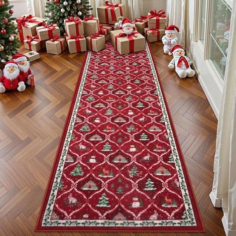 Tapis de cuisine en velours cristal de Noël, lavable, rouge, résistant aux taches et durable - 80 x 160 cm (1/5)
