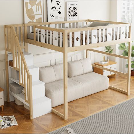 Lit mezzanine enfant 140/200 cm naturel et blanc en bois massif avec escalier, rangements et barrière (1/4)