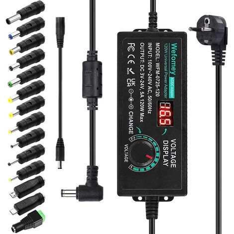 324V 5A 120W Adaptateur Alimentation Réglable, Adaptateur Secteur Universel Convertisseur, 100V-240V AC à DC 5A avec 14 Connecteurs, pour électroniques Ménagers 3V24V, 5000mA Max