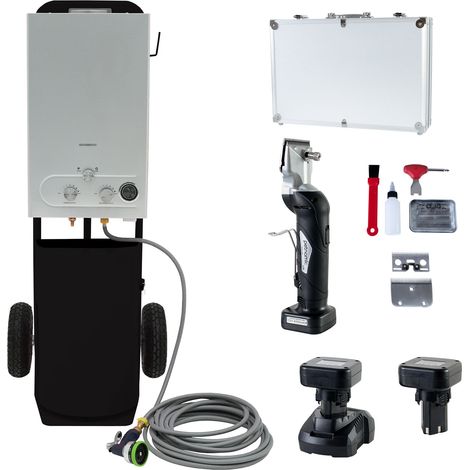 Ducha Portátil para Caballos con Esquiladora Inalámbrica 180W, Calentador de Agua 36kW, Depósito 18L, Manguera 10m, 2 Baterías y Carro con Almacenamiento Negro (1/5)