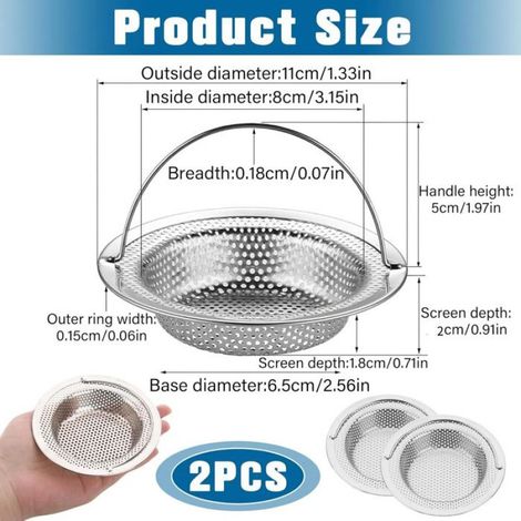 2PCS Filtre à évier de Cuisine en Acier Inoxydable-Diamètre Extérieur 11 cm x Hauteur 2 cm-Anti-Obstruction,Résistant à la Rouille (1/5)