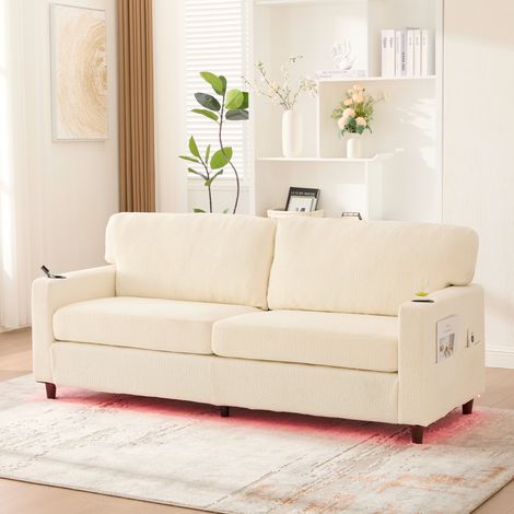 Canapé 2 Places avec port USB-C et éclairage d'ambiance LED,avec sporte-gobelet et poches latérales, sructure bois/métal et mousse,chenille(Beige) (1/5)