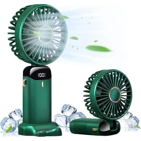Ventilateur portable mini rechargeable USB, 5 vitesses, écran LED, pliable, silencieux, pour bureau, chambre, extérieur et voyage, couleur verte (1/5)