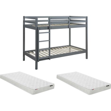 Letto a castello + Materasso 2 x 90 x 190 cm Pino massello Grigio - ANICET II