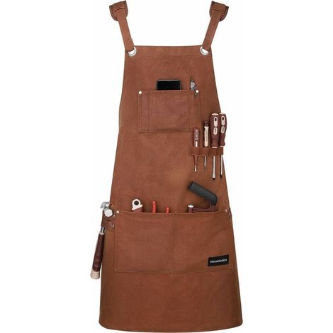 Delantal multiusos multifuncional, resistente al agua y al aceite, fabricado en lona encerada duradera, con bolsillos para herramientas. Ideal para pintar, trabajar la madera, etc. Color marrón. (1/4)