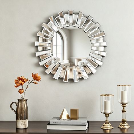 Round Sunburst Bevelled Glass Wall Mount Accent Mirror (1/5)
