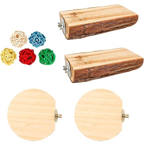 Ensemble de 9 jouets pour oiseaux : perchoir en bois, plateforme, balles en rotin et station de nettoyage pour cage.